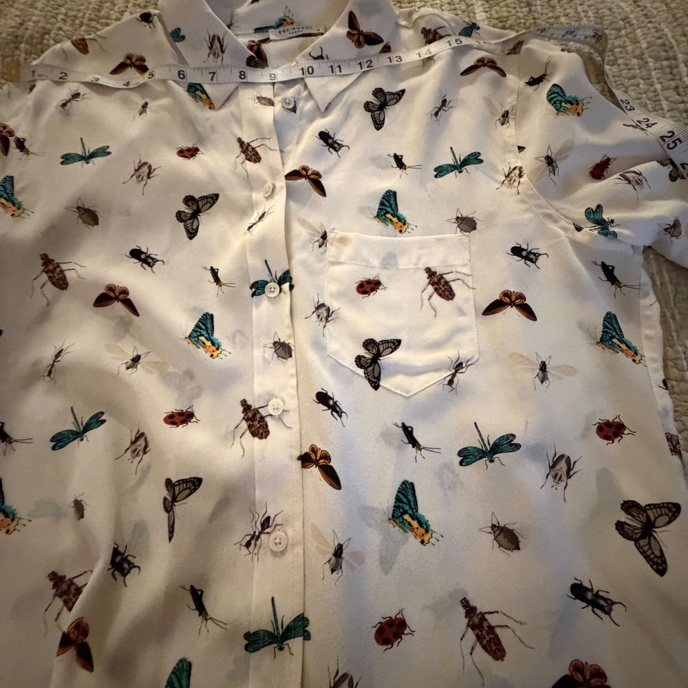 Anthropologie Silk Insect Print Button Down Shirt White Butterfly Beetle - Picture 7 of 7